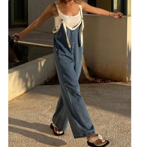 Dark Wash Pockets Straight leg Denim Jeans Bib Overalls - Picture 4 of 6